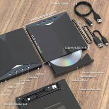 7-In-1 Multifunctional USB-C Portable CD/DVD +/ External Player/Reader/Writer, DVD Burner, USB 3.0 Hub - Compatible With Laptops, Desktops, All-In-One Computers - 黑色 - 查看 4