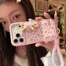 Minimalist Floral 3D Plush Rabbit Phone Case Compatible With IPhone 17 Pro Max, 16 New, 15 With Lanyard, 17 Pro, 14 - Pink - View 5