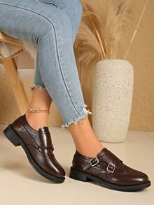 Women's New Fashion Thick Heel Loafers, French Mary Jane Shoes, Metal Buckle Shoes, Retro Round Toe Loafers, New College Style Business Formal Flat Shoes, Spring Autumn Fashion Metal Buckle Slip-On Shoes, Shoes, Black Versatile Slip-On Shoes - Brown - View 5