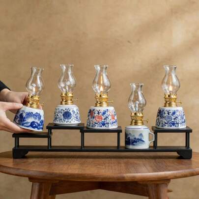 1pc Adjustable Vintage Oil Lamp, Outdoor Oil Lamp, Ceramic Base, Retro Style, Suitable For Home Decor, Tabletop Ornament, Holiday Gift, Outdoor Lighting