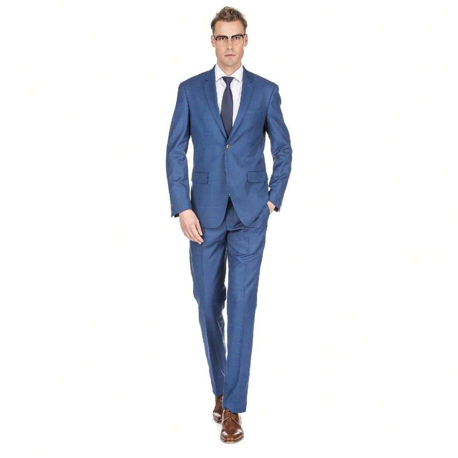 Men's Check Slim Fit Suits - 海軍 - 查看 1