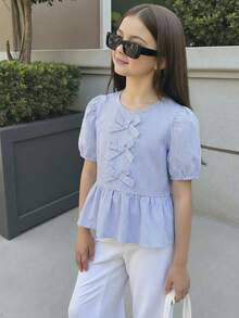 女孩条纹娃娃设计泡泡袖短袖衬衫，带有可爱的蝴蝶结装饰，适合日常穿着和度假 - 藍色 - 查看 2