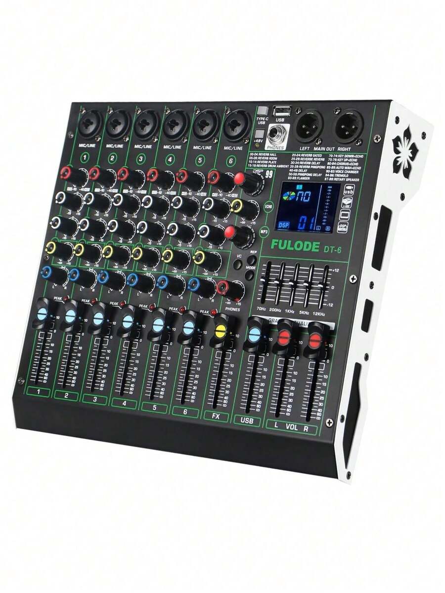 Professional DJ Audio Mixer, 6-Channel Sound Mixing Board With 99 DSP Effects, Wireless, 48V Phantom Power, Vocal Removal, For Live Streaming And Recording