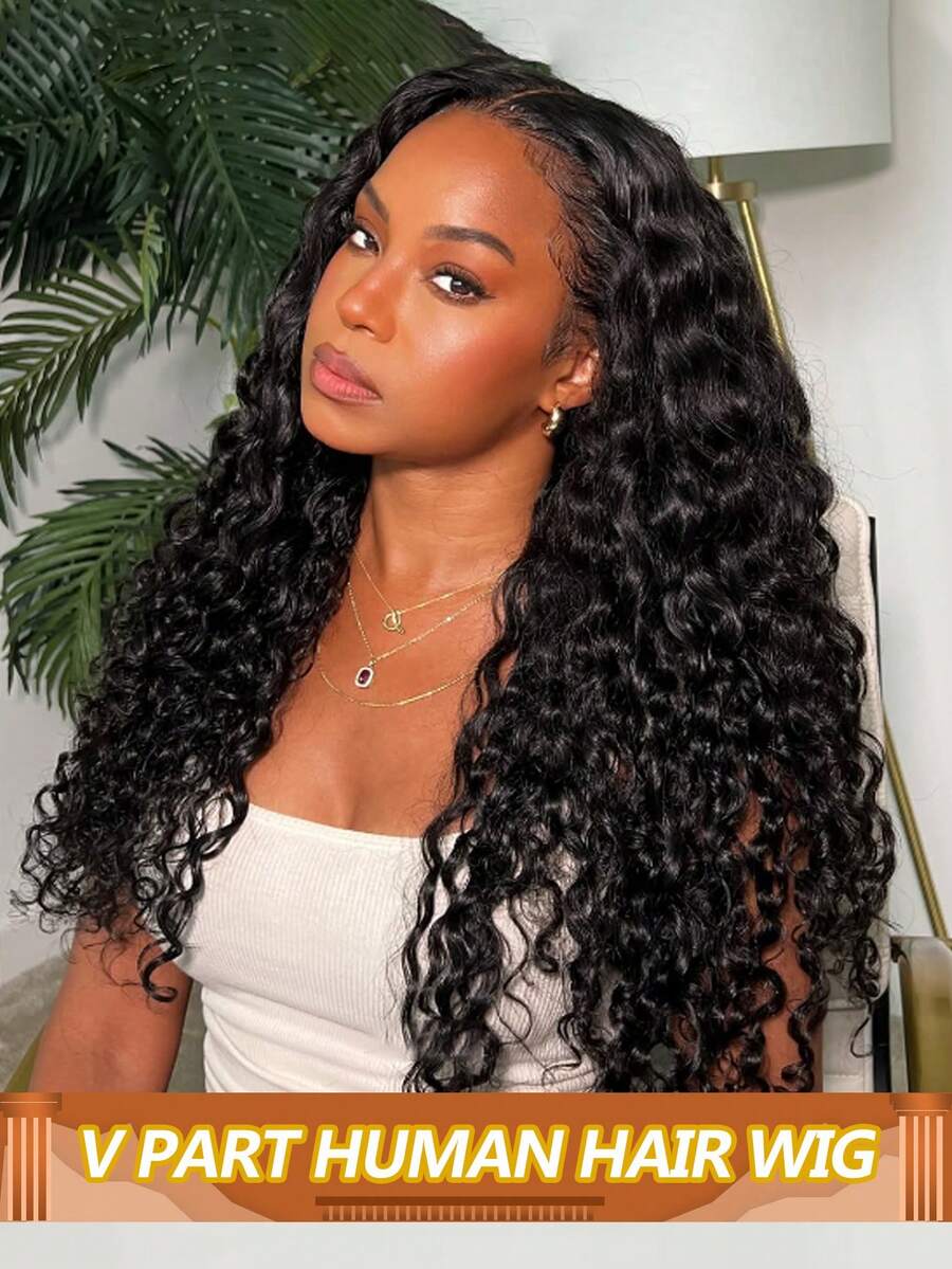 180% Density V-Part Wavy Wig, Clip-In V-Part Wig, Natural Look No Adjustment Needed, Suitable For Beginners - Natural Black - View 1