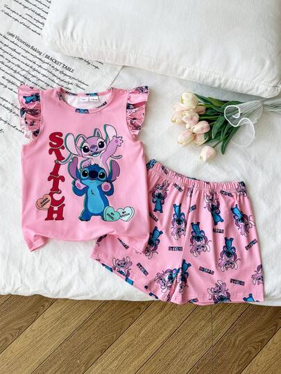 Disney Authorized Cute Young Girls Set - Sleeveless Ruffle Collar Top And Long Pants, Lace, Stitch, Playful Fashion, Breathable Fabric, Comfortable Material, 2-Piece Outfit, Children Shorts Set, Little Girl Clothing