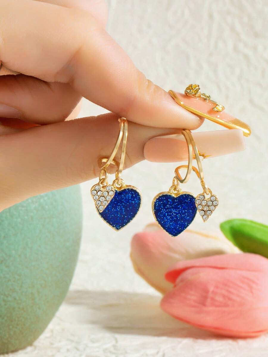 一对优雅心形吊坠耳环 - 独特简约设计，适合女性日常佩戴和情人节礼物，夏季饰品 - 藍色 - 查看 1