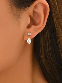 一对奢华小众闪亮锆石水滴耳环，时尚百搭优雅，适合女性日常通勤佩戴 - 耳環 - 查看 2