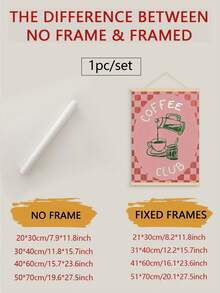 1幅无框咖啡俱乐部海报 - 复古厨房帆布画，防水可重复使用，复古卡通设计，包含咖啡机和咖啡杯，适用于客厅、卧室、厨房、浴室、走廊装饰，咖啡吧配件，抹茶/墙贴海报，柠檬巧克力装饰，粉色图片，女孩房装饰，卧室海报，墙面艺术 - 彩色 - 查看 2