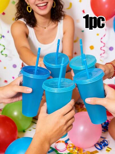 1个带吸管和盖子的可重复使用塑料杯 - 10个装冰咖啡水杯，适合派对、生日、圣诞节和乔迁礼物，轻便长方形设计，不含PVC，仅限手洗，饮水用具