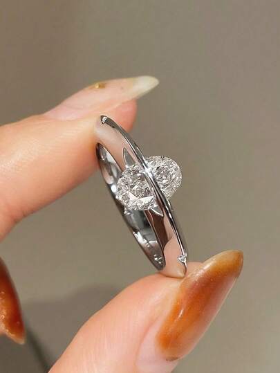 1pc Minimalist Oval Hoop 925 Sterling Silver Jewelry, Cubic Zirconia Inlaid Fashion Delicate Single Ring, Daily Decoration Gift For Women