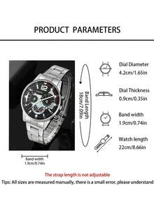 3pcs Luxury Men's Silver Watch Set, Including Silver Stainless Steel Metal Band Multi-Function Black Dial Quartz Watch, Cross Long Chain Necklace, And Black PU Leather Wallet - Silver - View 6