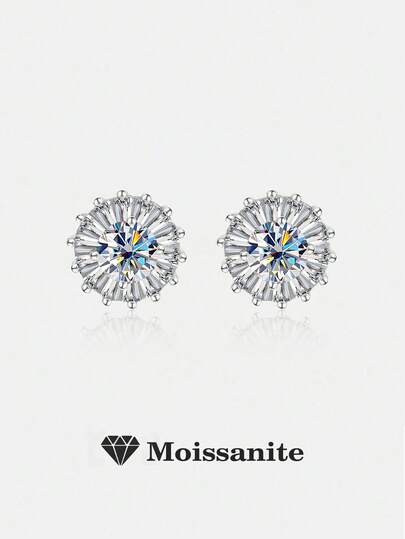 2pcs Elegant 925 Sterling Silver 0.5Carat X 2 Moissanite Stud Earrings, Suitable For Commute, Party, Vacation, Birthday, Valentine's Day, Mother's Day, Wedding Anniversary, Christmas, Jewelry Gift For Women