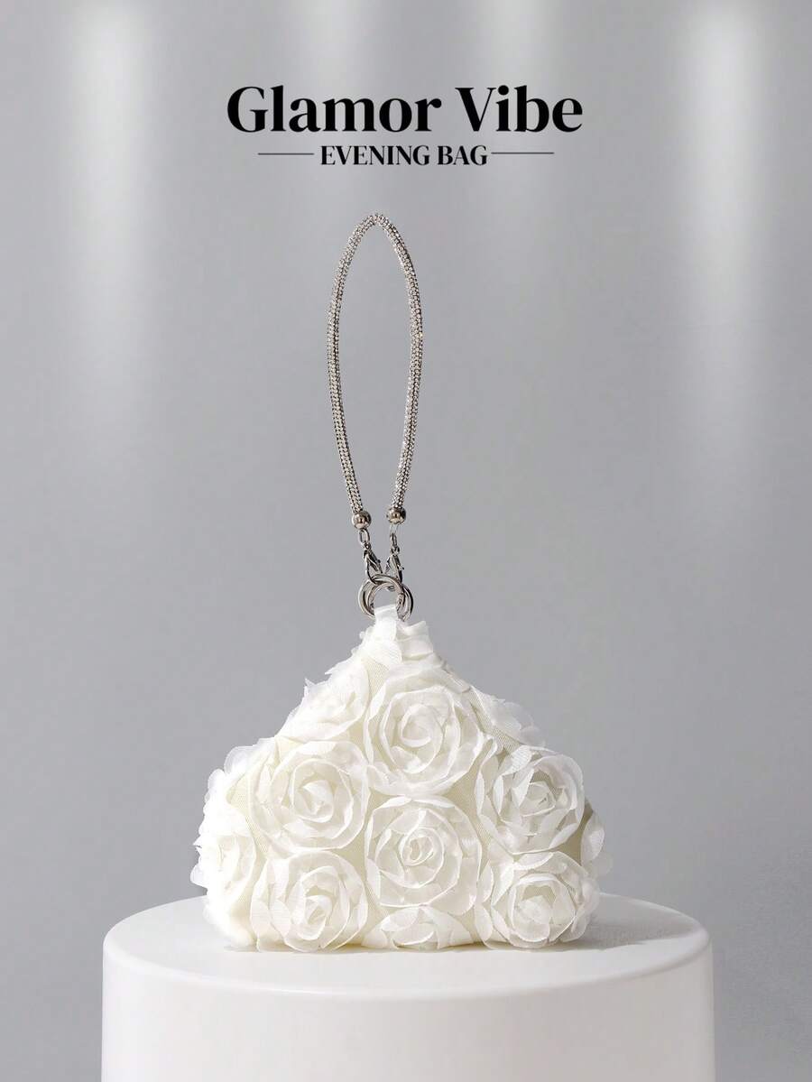 复古花卉手提包/手拿包，优雅白色玫瑰花卉设计晚宴包，搭配水钻手链手提包，纯色水桶包，新娘手拿包，适合正式晚宴、舞会、派对、婚礼、聚会、礼品
