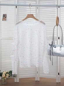 女士星形印花长袖T恤，宽松蝴蝶结设计，春夏返校季新款 - 白色 - 查看 9