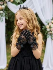 1 Pair Ultra Stretch Lace Gloves For Girl & Girls, Ages 4-12 Years, Black Series - Suitable For Wedding, Pageant, Flower Girl, Dance Performance & Birthday Princess Photo Props - 1Pair - View 10
