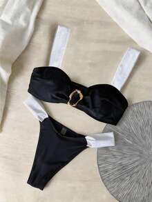 Bộ bikini hai mảnh quây ngực phối đen trắng tương phản với chi tiết khóa vàng, gợi cảm và thanh lịch, thích hợp cho nữ mùa hè thư giãn ở bãi biển, kỳ nghỉ, hồ bơi và các buổi tiệc tùng. - Đen và trắng - Xem 3