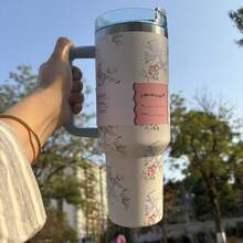 1pc,40 Oz H2.0 Cup,Camping Full Body Floral Pattern, 40oz Cup Stainless Steel Vacuum Insulated Tumbler With Lid And Straw For Water, Iced Tea Or Coffee, Smoothie And More, 40oz Reusable Double Walled Vacuum Insulated Stainless Steel Water Bottle With Handle For Outdoor Activities, ,  For Camping, Hiking, Can A Gift For Friends And Relatives - 40盎司蝴蝶結藍 - 查看 2