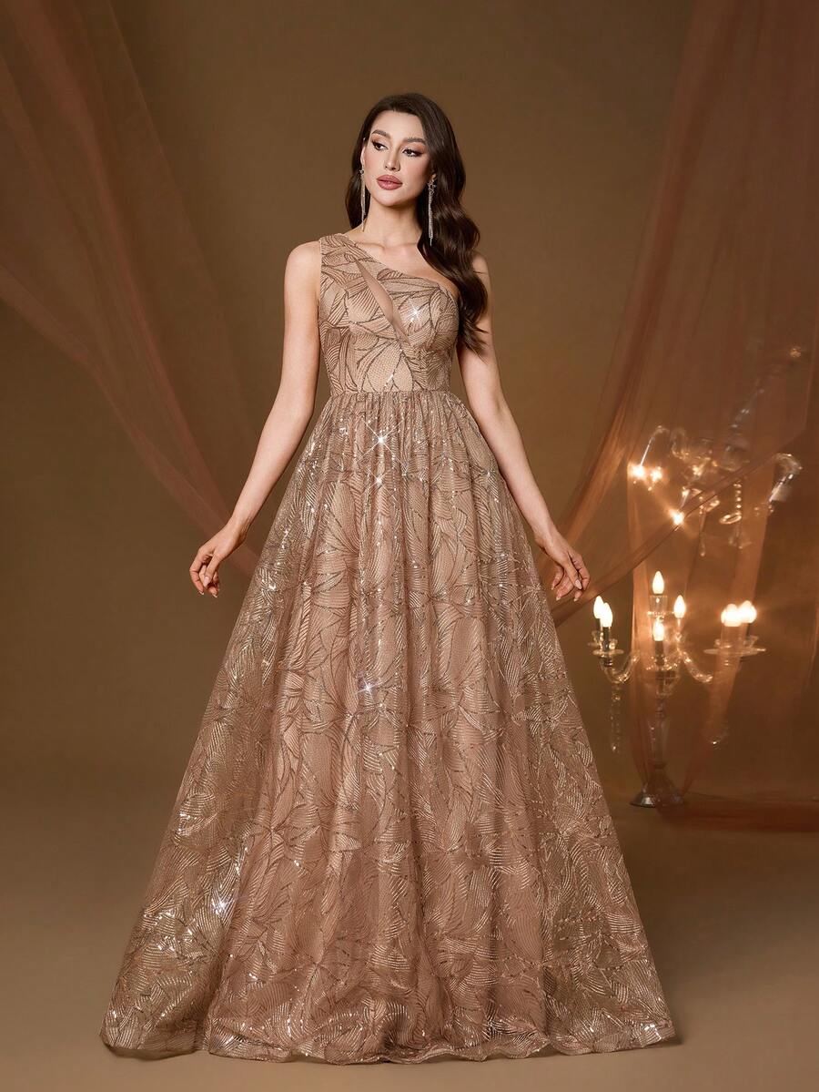 Mgiacy New One-Shoulder Sequin Elegant Evening Gown, Sheer Mesh Patchwork Dress, Suitable For Prom, Wedding, Party, Summer Floral Spring - Champagne - View 1
