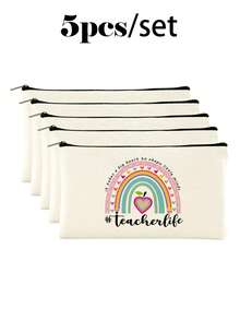 10/5/4/2pcs/1pc/Set Teacher Themed Canvas Tote Bag, Shopping Bag, Zipper Pouch, Appreciation Card, Apple Keychain Canvas Gift Set, Suitable For Back To School, Graduation, Teacher's Day, Multi-Purpose Shopping Bag, Book Bag, Stationery Pouch Set, Portable For SPA, Party, Gym, Travel, Cosmetic Organizer - Beige - View 56