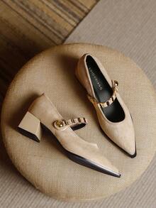 2026 Spring New Women's Shoes, Retro Mary Jane Pumps With Chunky Heel, Pointed Toe, Metal Buckle One-Strap Design, Commuting & Daily Wear, Brown, Beige, Black - Apricot - View 1