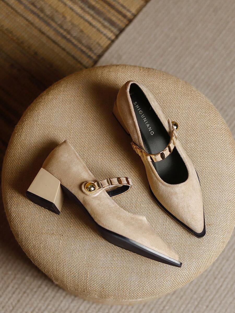 2026 Spring New Women's Shoes, Retro Mary Jane Pumps With Chunky Heel, Pointed Toe, Metal Buckle One-Strap Design, Commuting & Daily Wear, Brown, Beige, Black - Apricot - View 1