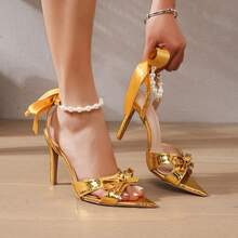 2026 New Arrival Sexy Pointed Toe High Heel Pearl Sandals, Bowknot Design, Nightclub Style, Summer Party Shoes - Gold - View 6