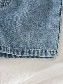 2pcs Baby Girls Ruffle Collar Puff Sleeve T-Shirt And Denim Shorts Set, Casual Versatile Daily & Holiday Outfit - Pink - View 3