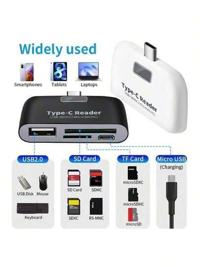 多功能Type-C读卡器，一款适用于手机、相机和存储卡的SD/TF读卡器，具备高速数据传输和即插即用功能。手机读卡器、Micro SD卡适配器、多合一读卡器、手机SD卡读卡器、SD卡读卡器、多功能读卡器、Micro SD卡读卡器、手机存储扩展、设备卡访问、SD TF适配器、Micro SD卡读卡器、高效读卡器