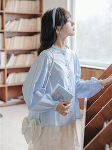 Camisa de temporada escolar primavera y otoño sentido de diseño femenino nicho blusa suelta camisa pequeña estilo universitario blusas elegantes dama - Azul - Ver 5