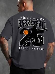 Men's Fashionable Casual Round Neck Short Sleeve T-Shirt, Basketball Slogan Graphic, Suitable For Boyfriend Gift, Street, Outdoor, Sports, Daily Commute, Versatile - 灰色 - 查看 1