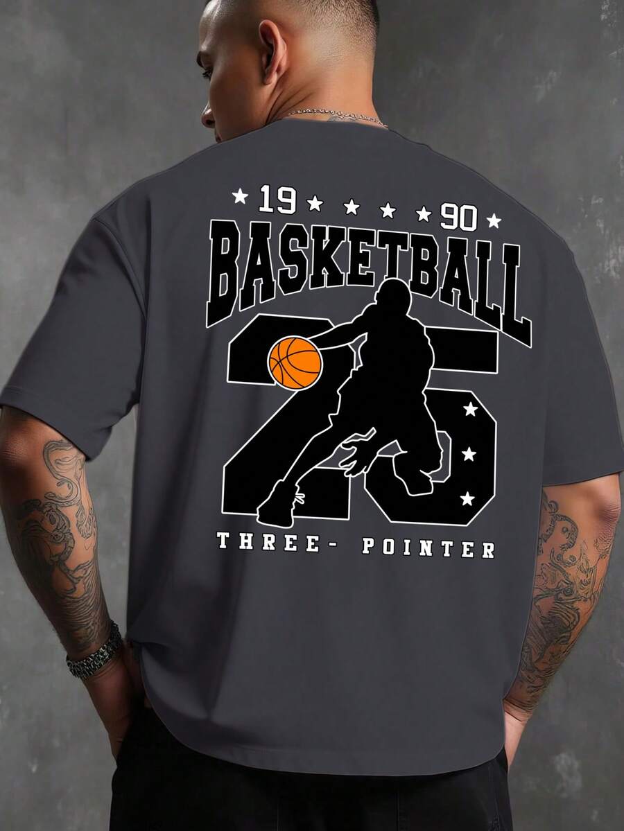 Men's Fashionable Casual Round Neck Short Sleeve T-Shirt, Basketball Slogan Graphic, Suitable For Boyfriend Gift, Street, Outdoor, Sports, Daily Commute, Versatile - 灰色 - 查看 1