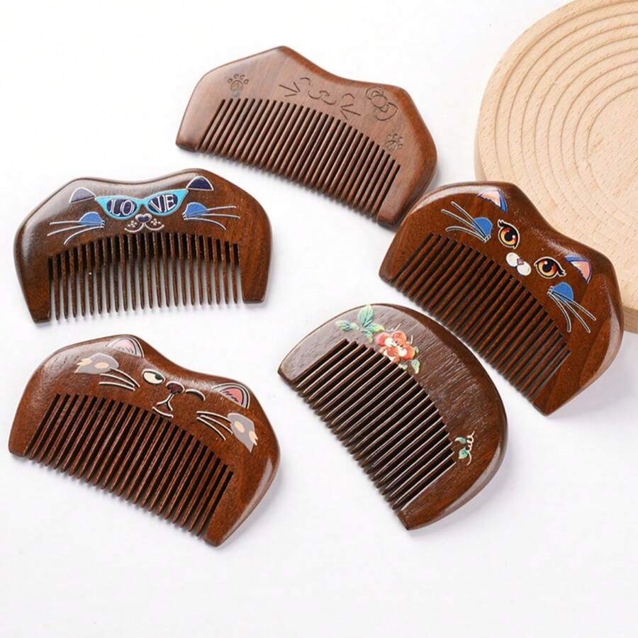 檀香木梳 镀金迷你猫咪便携梳 新月形宽齿迷你梳 卷发礼品梳 - 彩色 - 查看 1
