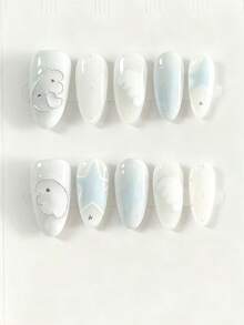 10pcs It's Named Cloud Star Pale Blue. This Manicure Features Crisp White, Dreamy Pale Blue, And Soft Marble Bases, Accented With Delicate Silver Cloud-And-Star Rhinestone Patterns, Hand-Painted Star Motifs, And Gentle Gradient Details. The Blend Of Cool, Airy Tones And Whimsical Accents Creates A Fresh, Ethereal Aura-Perfect For Those Who Love Minimalist Yet Charming Nail Art With A Soft, Sky-Inspired Charm. - Baby Blue - View 1