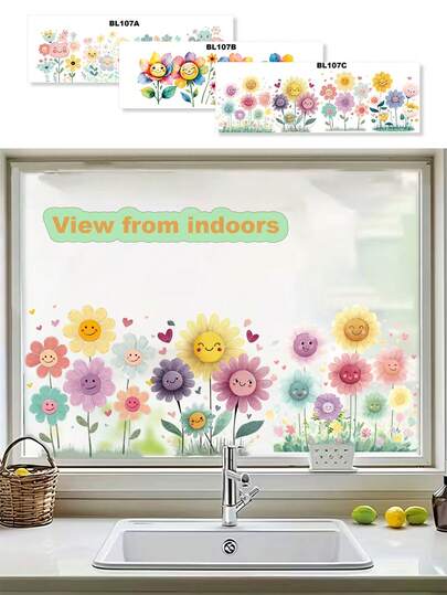 1pc Removable PVC Decorative Sticker With Cute Smiling Face & Floral Pattern, Home Decor For Living Room, Bedroom, Kitchen, Door, Window, DIY Floral Art