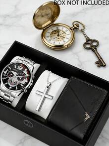 3pcs Luxury Men's Silver Watch Set, Including Silver Stainless Steel Metal Band Multi-Function Black Dial Quartz Watch, Cross Long Chain Necklace, And Black PU Leather Wallet - Silver - View 1