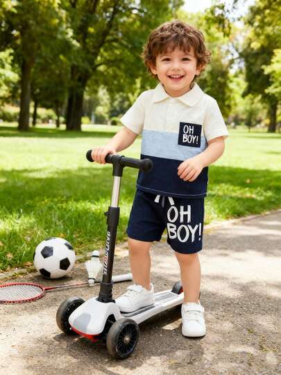 Boys' Letter Print Patchwork Short Sleeve Shorts Set