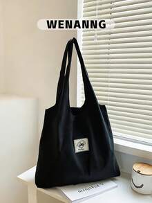 休闲其他印花卡通贴布帆布购物袋，适合女性、新秀和白领人士，适合教师礼物，适合女士，适合女性大容量，适合商务/通勤/工作/办公室，适合节日/度假/假日书包，大容量，经典休闲，可折叠，便携，适合青少年女孩女大学生，非常适合返校、购物、中学、高中、大学、开学第一天 - 黑色 - 查看 1