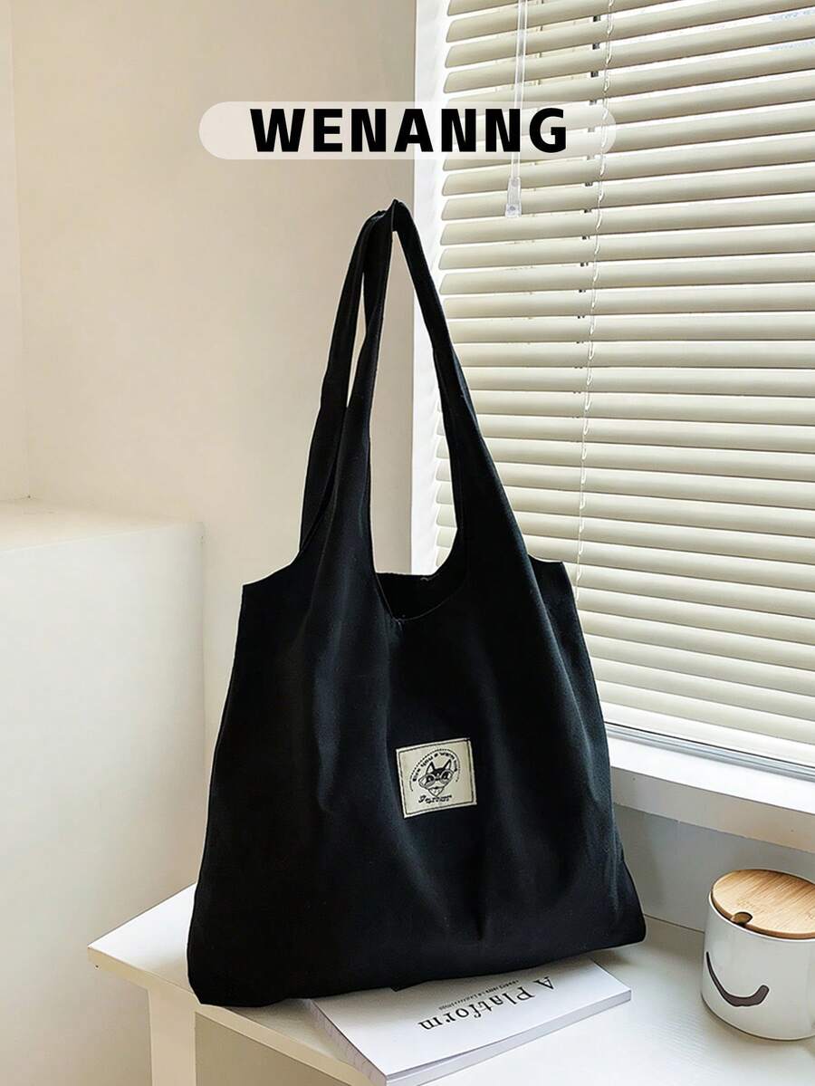 休闲其他印花卡通贴布帆布购物袋，适合女性、新秀和白领人士，适合教师礼物，适合女士，适合女性大容量，适合商务/通勤/工作/办公室，适合节日/度假/假日书包，大容量，经典休闲，可折叠，便携，适合青少年女孩女大学生，非常适合返校、购物、中学、高中、大学、开学第一天 - 黑色 - 查看 1