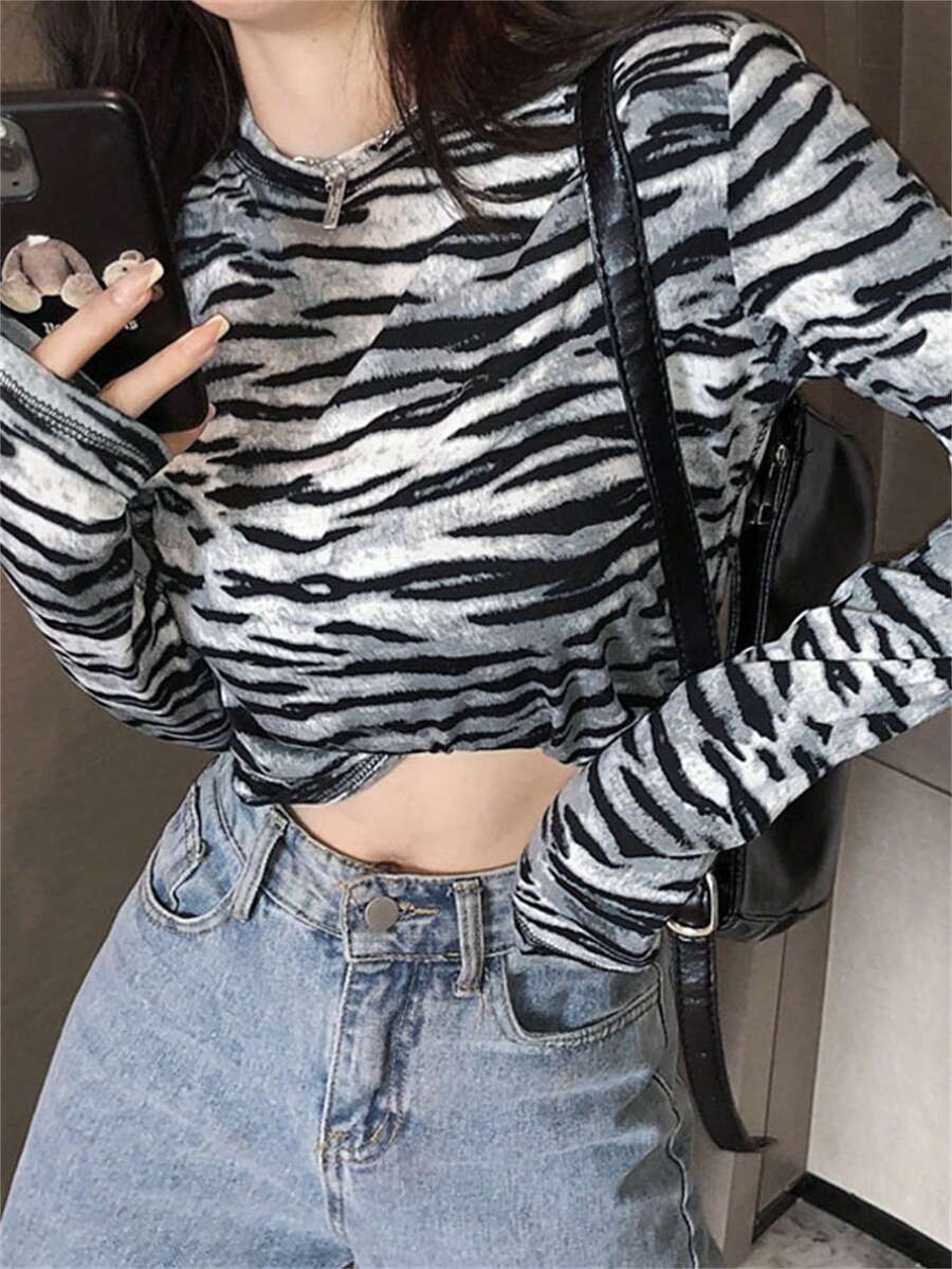 时尚斑马纹长袖T恤，性感修身女士打底衫，春季款 - 黑色 - 查看 1