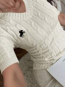 女士针织短袖T恤，休闲优雅百搭修身，适合夏季、秋季、冬季、商务、通勤、度假 - 杏色 - 查看 2