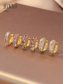 Hihho 6件套全新闪亮蓝宝石心形耳环，颜色包括蓝色、绿色、红色、紫色和白色，简约风格，适合日常佩戴、节日和情人节礼物。 - 耳圈套裝 - 查看 12