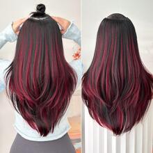 22英寸V型夹式渐变色接发，黑棕色、酒红色、棕色，耐热合成纤维假发，适合女性圣诞节、万圣节派对和日常佩戴。