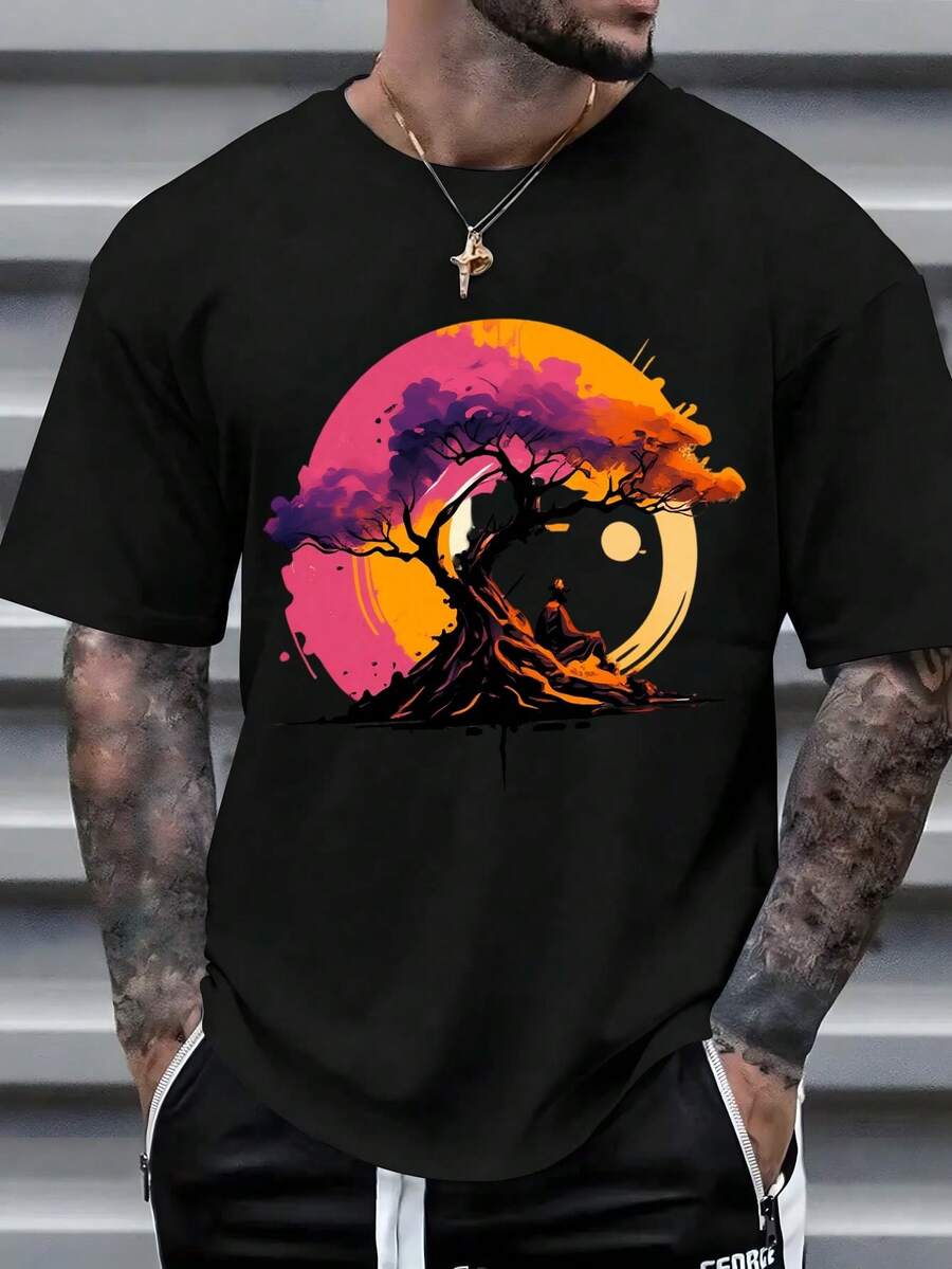 Camiseta para hombre, playera con árbol zen, diseño artístico bohemio, estilo relajado, ideal para amantes del arte, outfit casual, moda 2026, camiseta gráfica, ropa con ilustración, ,playera de hombre,ropa de hombre,playeras,parejas,envio nacional,regalo para hombre,oversize hombre. - Negro - Ver 1