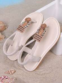 1双女童珍珠装饰平底凉鞋，防滑耐穿儿童罗马凉鞋，适合夏季穿着 - 米色 - 查看 3