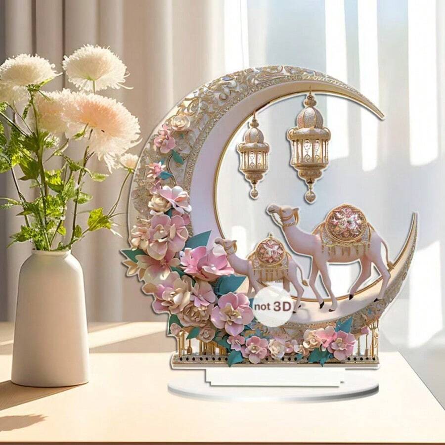 Pink Flower & Camel On Moon Tabletop Decor, Festive Ramadan Decoration - Multicolor - View 1