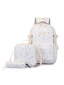 Women's Half-Shell Gauze Backpack Kit, Lightweight And High-Value, Simple, For Campus, Large Capacity, School Backpack, With Thermal Lunchbox. - White - View 5