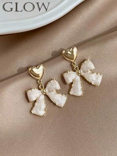 1 par de pendientes vintage franceses elegantes con corazón esmaltado y lazo, adecuados para adolescentes, para el Día de San Valentín, uso diario y días festivos