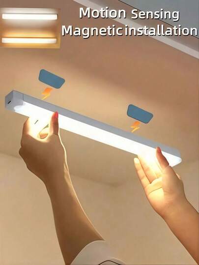 ضوء خزانة لاسلكي قابل للشحن USB بمستشعر حركة ثلاثي الألوان، لمبة خزانة لاصقة مغناطيسية، ضوء خزانة داخلي، ضوء استشعار للمكتب، إضاءة خلفية للسلالم، ضوء ليلي قابل للشحن للغرفة والمطبخ والخزانة والسلالم والحمام، قابل للتثبيت على الحائط والطاولة والسقف والقضيب، مفتاح لمس، لاستخدام داخلي، سطح مصقول، LED