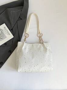 1pc Cloud Decor Star Pattern Polyester Large Capacity Zipper Shoulder Bag, Fashionable For Women Daily Use - White - View 7