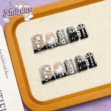 Nailplus 10pcs Y2K Nails Chic Duckbill Press On Nails Set,Handcrafted,Pink & Purple Gradient, 3D Rhinestone & Bowknot Decor,French Tips Style,Shiny Detail Pure Handmade Reusable Suitable For Women And Girls, Back To School Season, Parties, DIY Nail Art, Includes Tool Kit. Duck Nails. Handmade Press On Nails. Fake Nails. Nail Supplies - 彩色 - 查看 2
